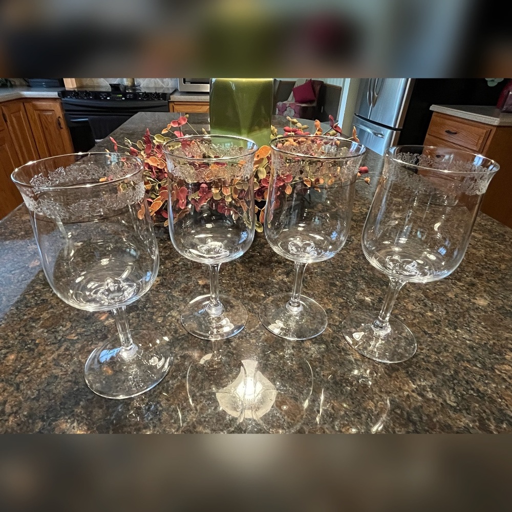 Lenox Platinum Double Rimmed Floral Etched Crystal Wine Glass Set of Four